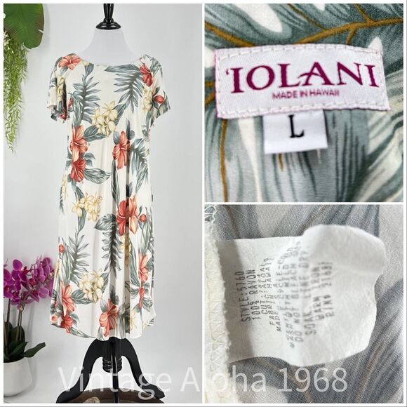 Iolani Hibiscus Orchid White/Green/Yellow Muumuu /Tiki Dress Large - Picture 3 of 6